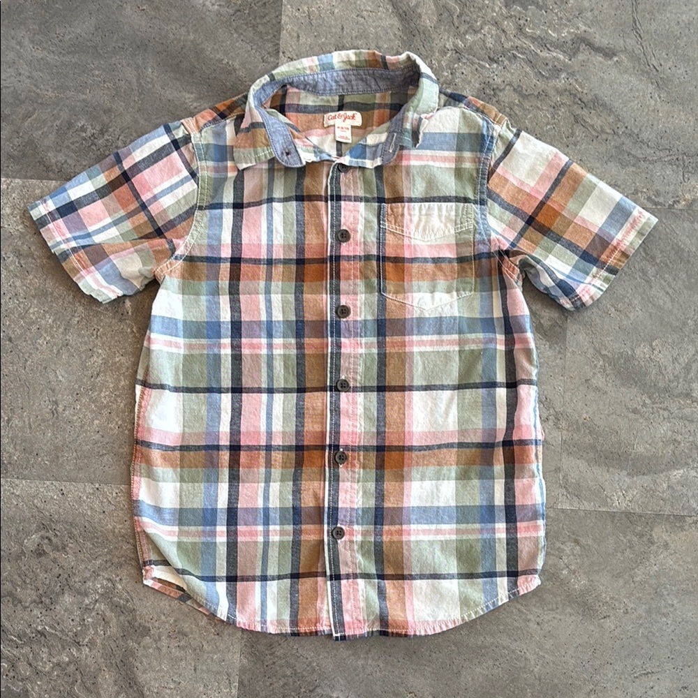 Cat & Jack Plaid Short Sleeve Dress Shirt, Red Blue, Button Up, Size M (8/10)